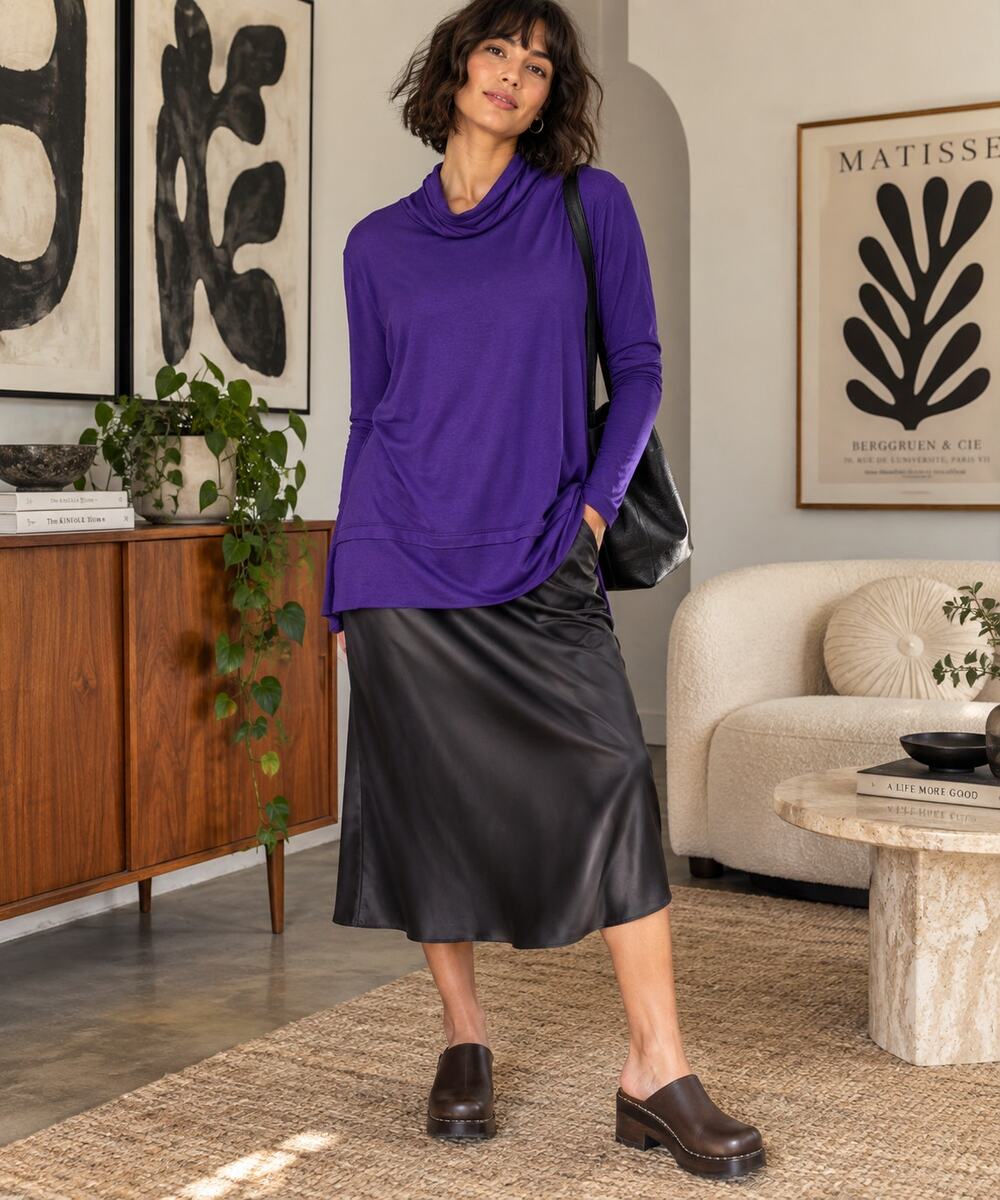 a.n.a Purple Cowl Neck Long Sleeve Layered Hem Tunic Top Size Large NWT